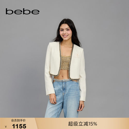bebe春季新款金属链条花呢外套
