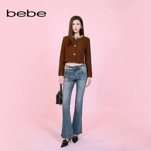 bebe2026秋季新款女士随性复古擦色猫须工艺含棉微喇牛仔裤311004
