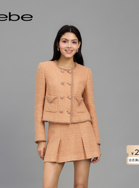 bebe春夏女士编织带仿钻扣粗花呢含羊毛夹克外套140304