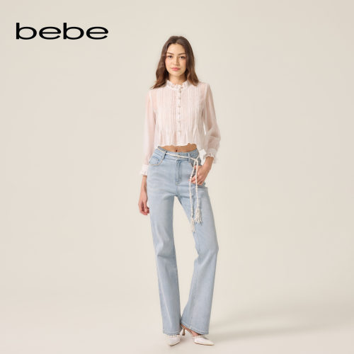 bebe2026夏季新款女士含棉甜美千金风修身百搭微喇牛仔裤211006