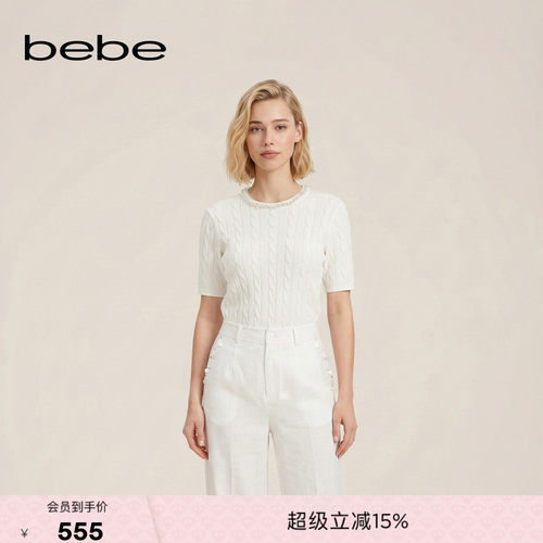 bebe2026春季新款女士气质千金风圆领短袖含羊毛针织上衣130401