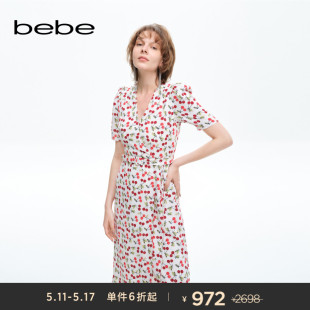 系列女樱桃印花V领裹身雪纺连衣裙250014 bebe夏季