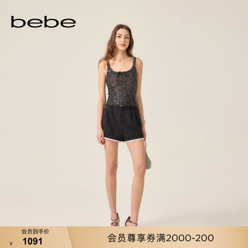 bebe2026夏季新款女士通勤风高腰翻边裤脚蕾丝拼接设计短裤211504