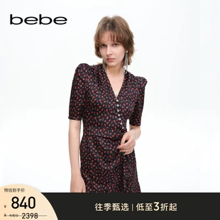 夏季 bebe官方经典 款 女V领茶歇裙碎花连衣裙250040