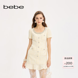女士落肩袖 新款 bebe2025秋季 荷叶边裙摆连衣裙350028 明星同款