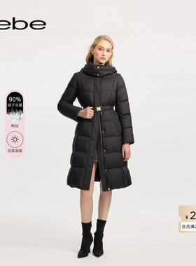 bebe冬季系列女士绗缝压线金属插扣腰带长款羽绒服403101