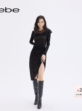 bebe2025秋冬新款女士网纱拼接一字肩设计不规则裙摆连衣裙450005