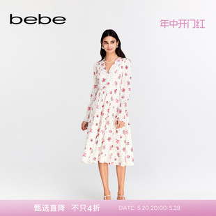 bebe2024春夏新款 连衣裙150042 中长款 女士桑蚕丝碎花V领长袖