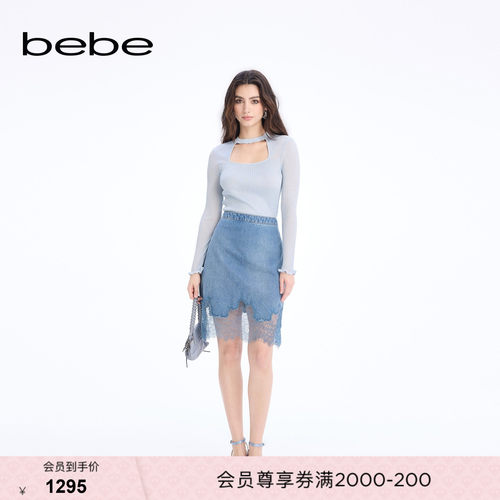 bebe2026春季新款女士含棉牛仔拼接蕾丝千金风半身裙120303