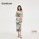 女士烫钻印花开叉长款 bebe2025夏季 新款 背心针织连衣裙230903