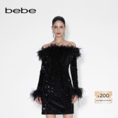 纯色一字领亮片长袖 bebe冬季 系列女士时尚 连衣裙450009