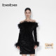 纯色一字领亮片长袖 bebe冬季 系列女士时尚 连衣裙450009