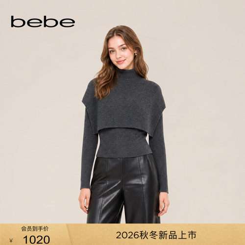 bebe2026冬季新款女士简约披肩可拆分羊毛混纺修身针织上衣430523