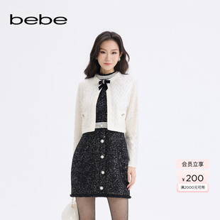 bebe2025秋冬新款 430607 女士白色千金风圆领含羊毛设计针织开衫