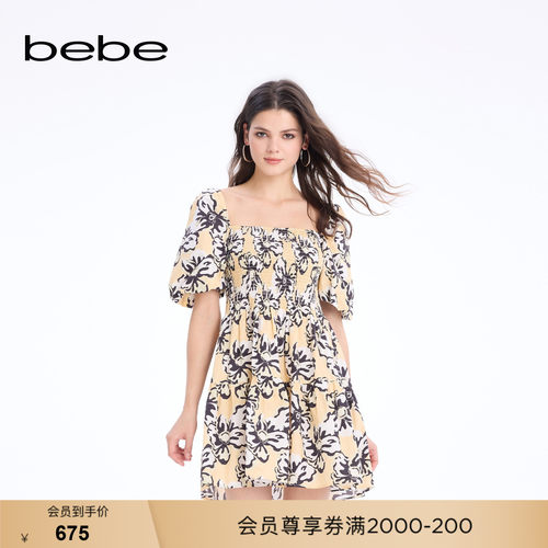 bebe2026春季新款女士含棉甜美风方领印花泡泡袖收腰连衣裙150009