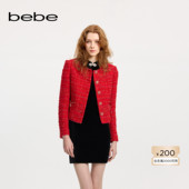 圆领花纱花呢夹克外套440306 女士红色短款 新年臻选 bebe冬季