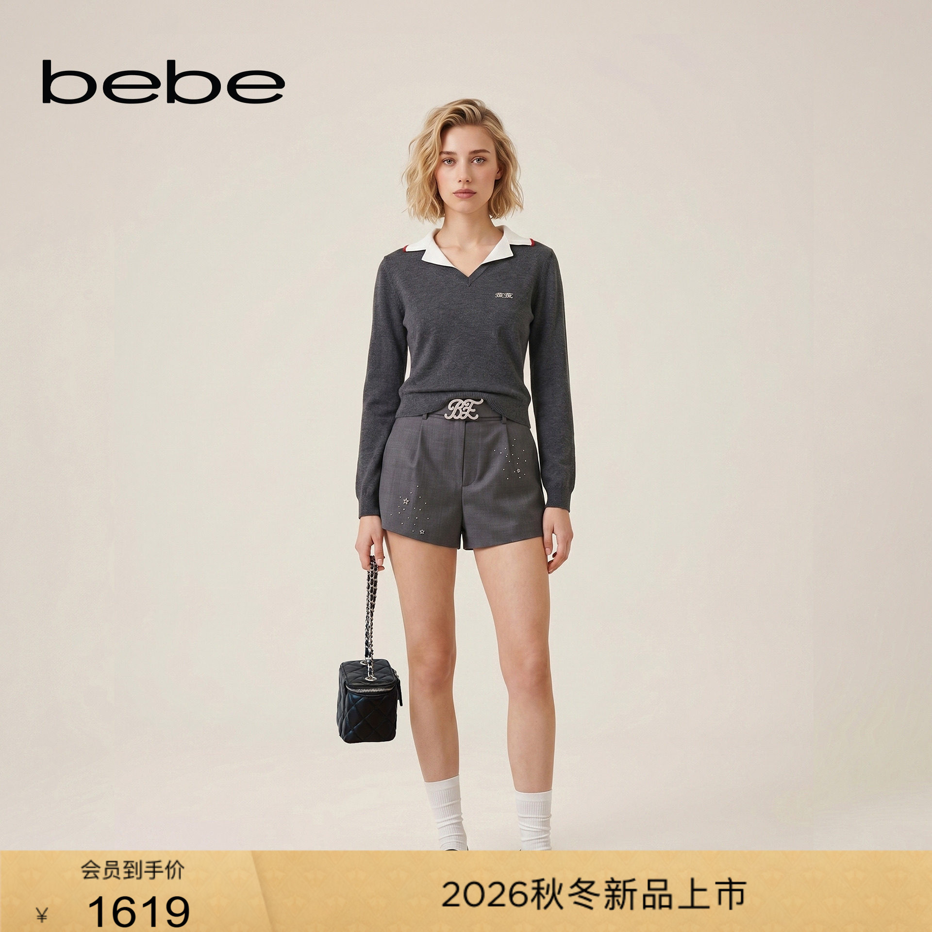bebe2026秋季新款女士通勤风挺括西装面料星空烫钻含羊毛短裤图片
