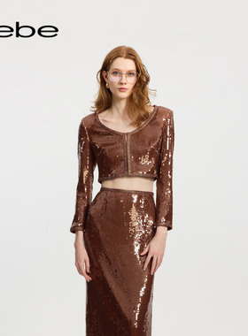 bebe冬季系列女士短款咖啡色V领亮片时尚设计开衫上衣480132