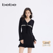 修身 bebe2025秋冬新款 女士V领花边喇叭袖 针织小黑裙430904