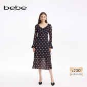 印花长款 bebe秋季 系列女士V领长袖 连衣裙350007