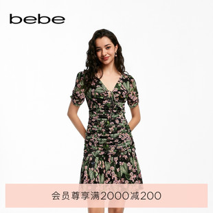 系列女士薄款 bebe夏季 V领印花抽褶连衣裙250094