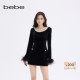 bebe2025秋冬新款 女士气质大圆领毛条袖 口设计小黑裙450010