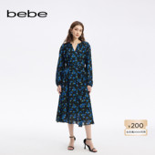 bebe秋季 系列女士气质V领大裙摆印花连衣裙350006
