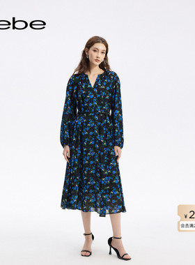 bebe秋季系列女士气质V领大裙摆印花连衣裙350006