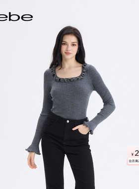 bebe2025秋冬新款女士纯色气质木耳边褶饰绵羊毛针织衫430501