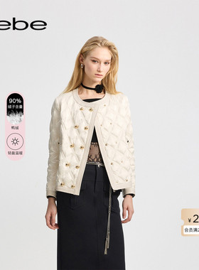 bebe冬季系列女士小香风圆领优雅菱形格轻羽绒服夹克403403