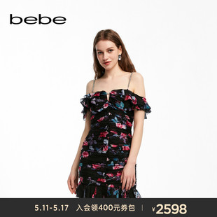 bebe2024夏季 女士气质荷叶边印花吊带连衣裙250003 新款