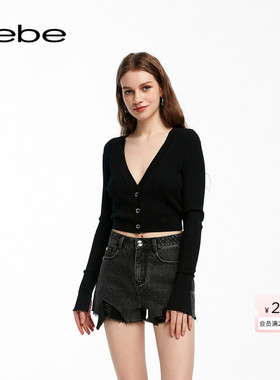 bebe夏季系列女士经典链条扣修身V领针织开衫230611