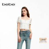 bebe夏季 上衣280303 短款 系列女士蕾丝泡泡袖 梭织小衫