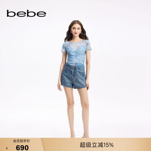 bebe秋季新款透明烫钻牛仔短裤