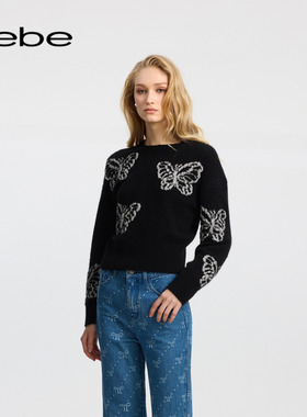 bebe冬季系列女士含羊驼毛别致优雅蝴蝶珠片纱宽松针织上衣430507