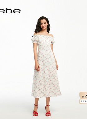 bebe夏季系列女士薄款一字领长款碎花连衣裙250007