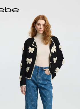 bebe冬季女士含羊毛羊驼毛蝴蝶结装饰撞边宽松针织外套开衫430602