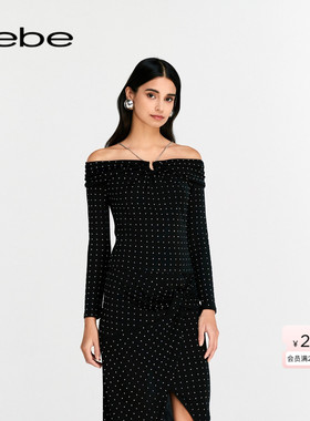 bebe春夏系列女士气质一字肩烫仿钻设计修身上衣180103