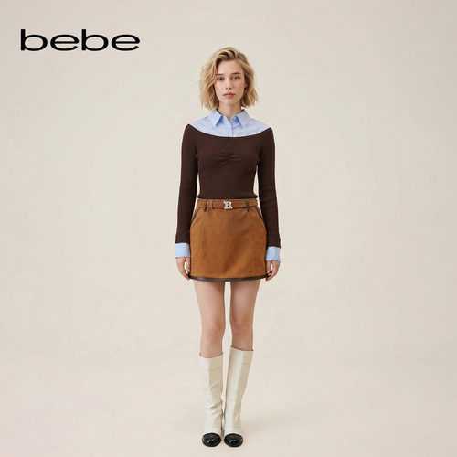 bebe2026秋季新款女士复古风仿麂皮绒柔软滚边高腰A字半裙320208