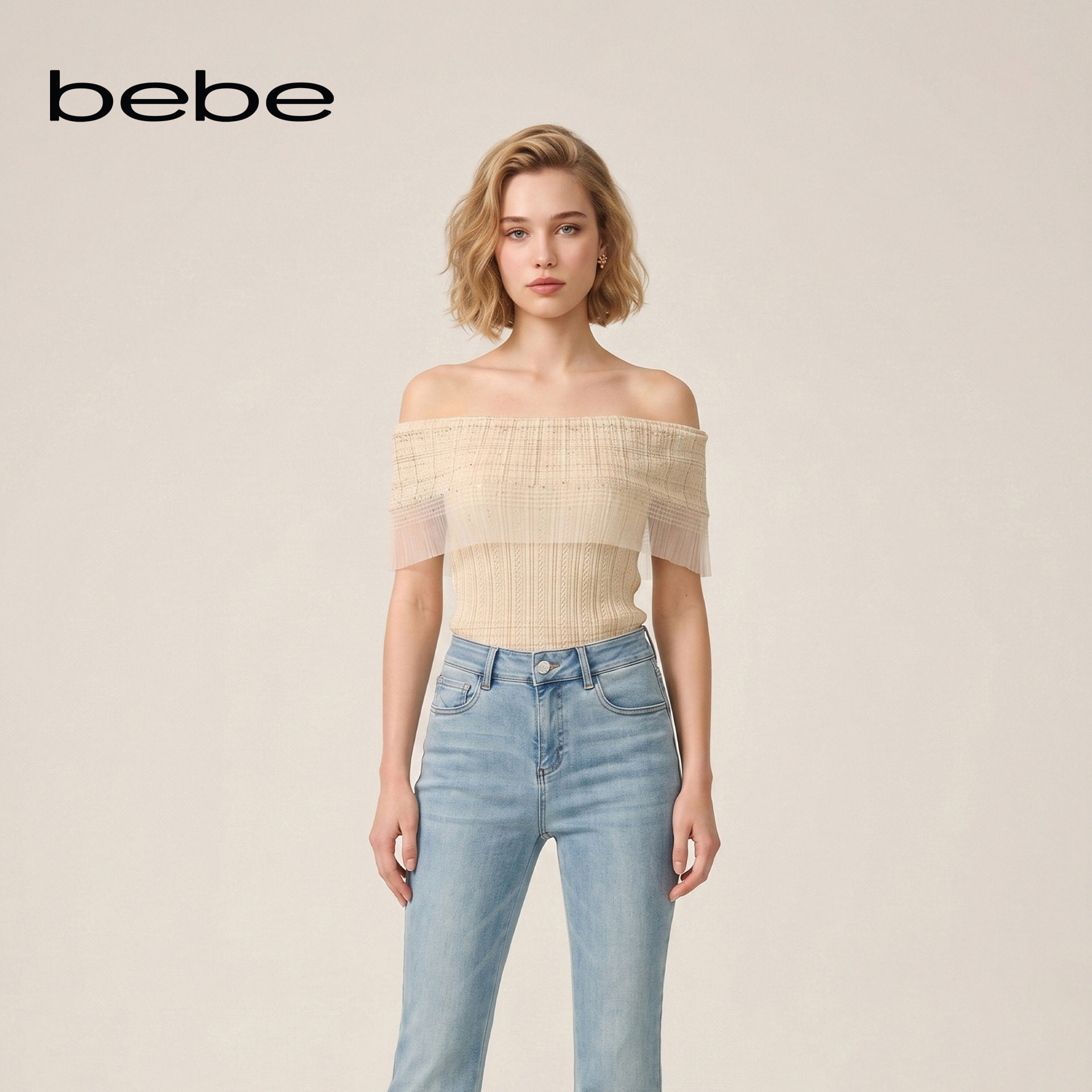 bebe2026夏季新款女士气质千金风修身一字肩针织上衣230104图片