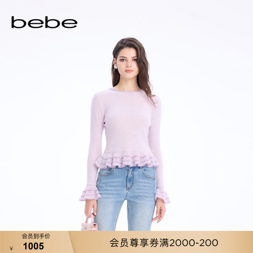 bebe2026春季新款女士含羊毛千金风褶皱花边设计针织上衣130504