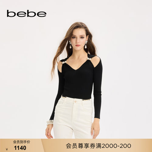 bebe女士轻奢V领纯色露肩修身气质长袖针织上衣330502