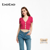 针织开衫 bebe夏季 系列女士V领镂空短袖 两件套230602