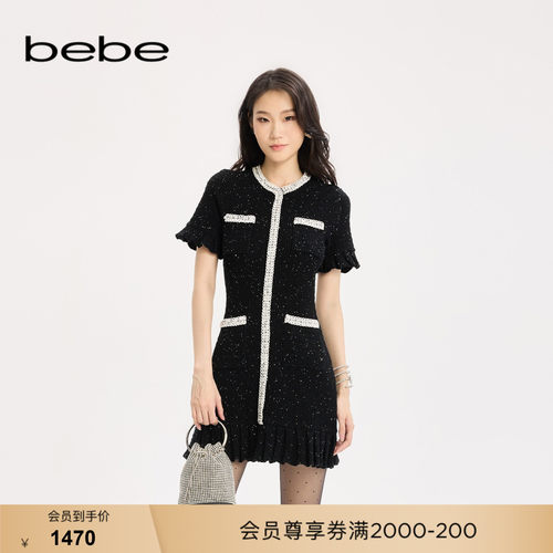 bebe女士小香风含棉织带设计垂坠感褶袖针织连衣裙330911