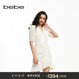 女士V领蕾丝珍珠纽扣茶歇连衣裙250045 bebe2024夏季 新款