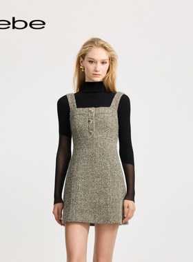 bebe冬季女士含羊毛短款英伦仿粗花呢小香风连衣裙450010