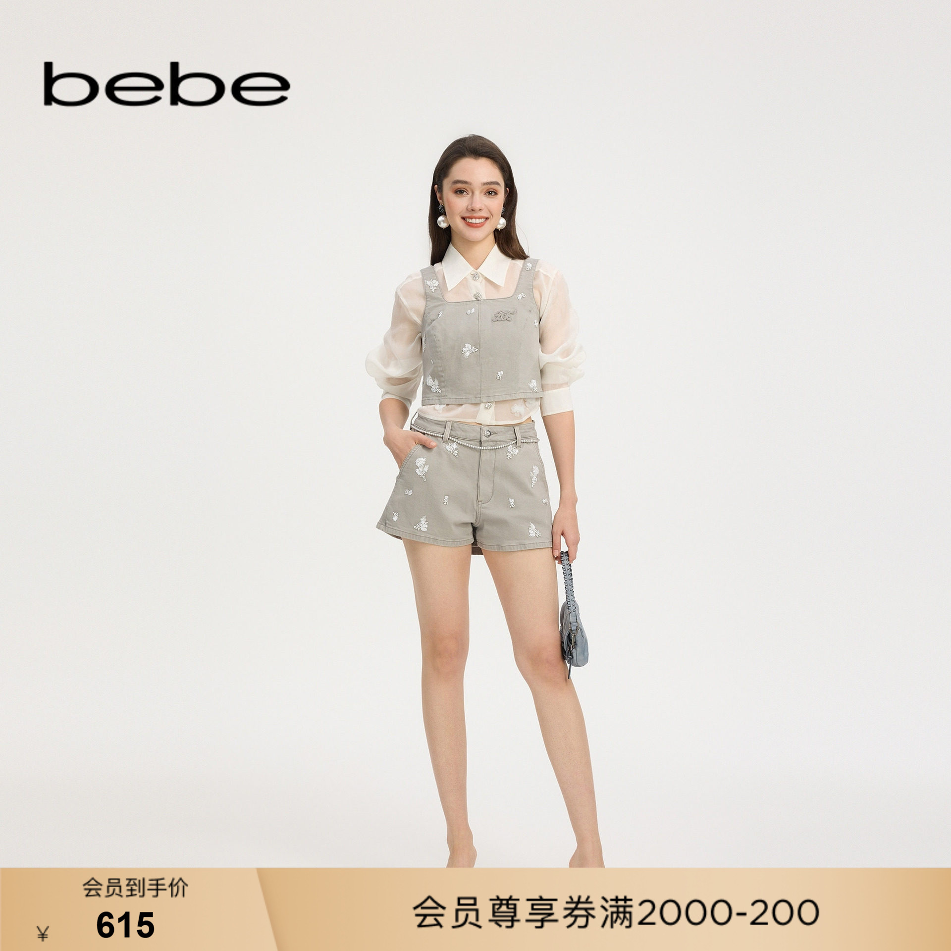 bebe夏季新款绣花牛仔短裤图片