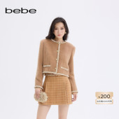 bebe2025秋冬新款 女士含羊毛羊驼毛气质小香风织带装 饰外套472305