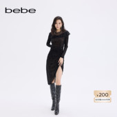 bebe2025秋冬新款 女士千金风一字肩设计不规则裙摆连衣裙450005