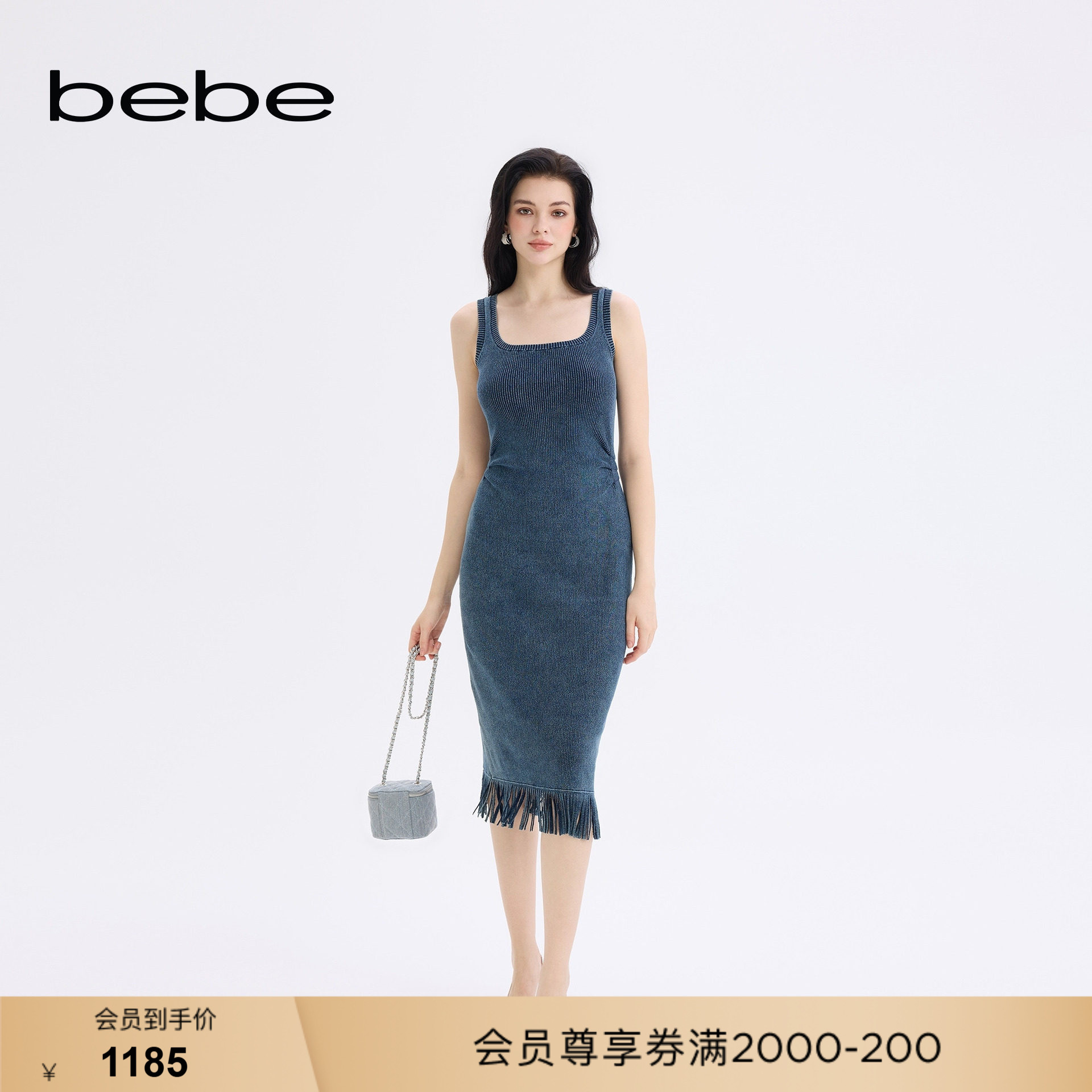 bebe女士含棉牛仔蓝休闲通勤风无袖针织连衣裙330903图片